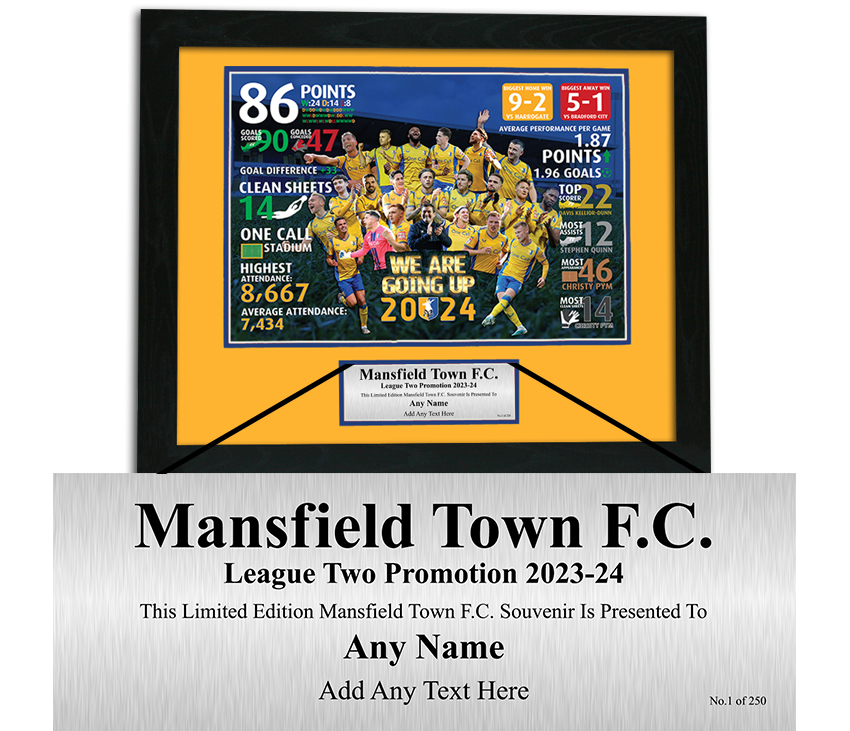 Mansfield Town FC Promotion 2024 Ltd Edition Personalised Framed Print Player Montage & Season Stats